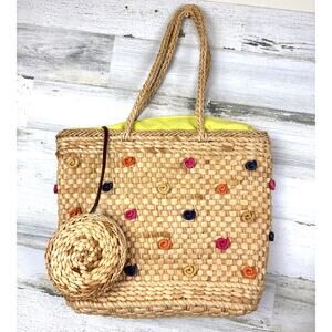 Womens M Tan Cornhusk Boho Shoulder Beach Bag With Wallet Holiday Vacation NEW